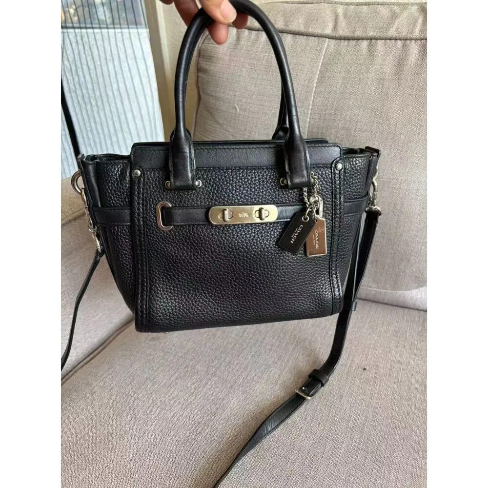 COACH Mini Swagger 21 Pebble Leather Satchel Black Crossbody Bag Authentic